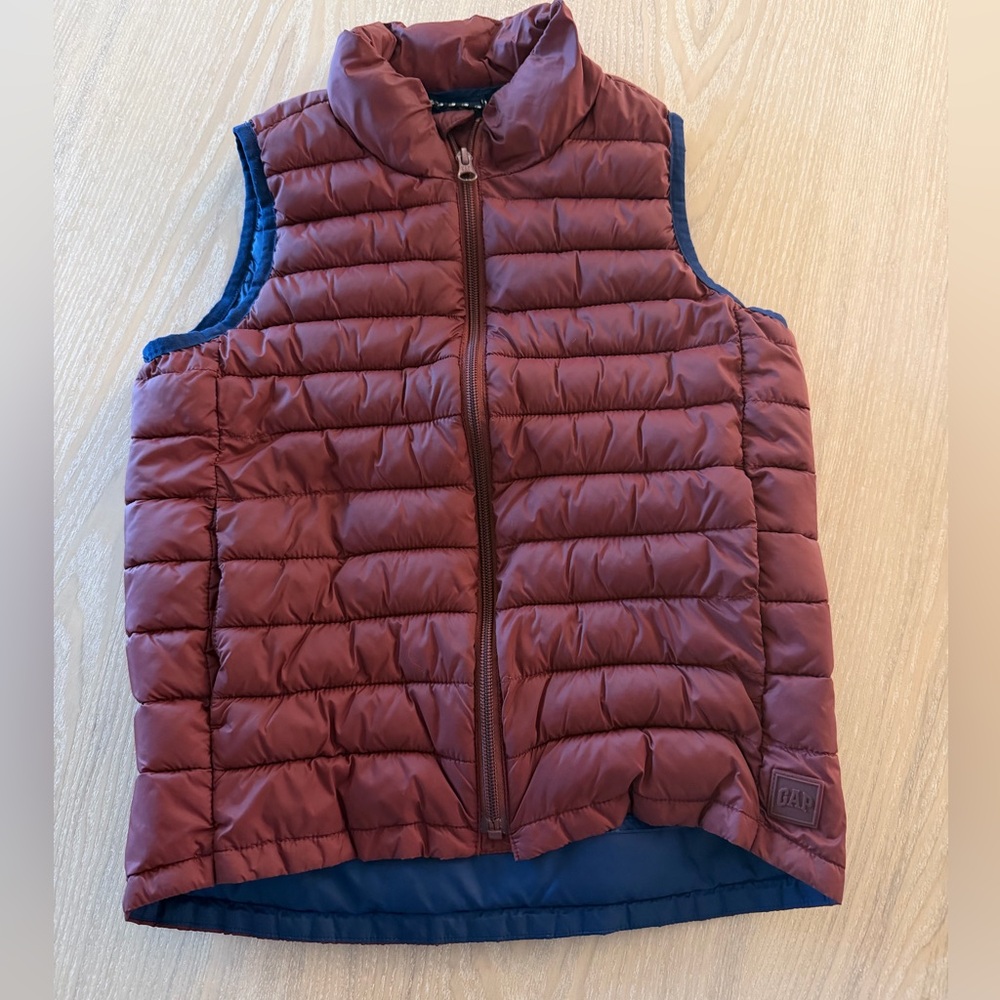 GAP Quilted Burgundy Puffer Vest with Navy Trim
